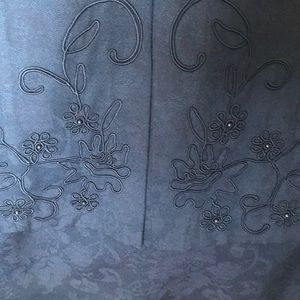 Navy dressy dress with embroidery and pearls.